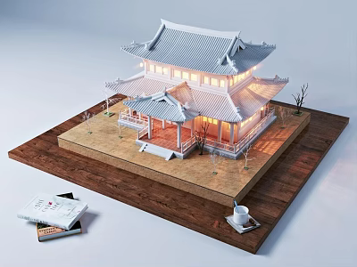 Traditional Two Story Architectural Model Commercial Display Equipment With Wooden Platform And Small Plants 3d model
