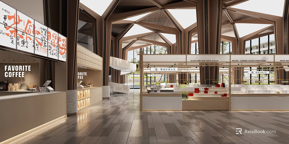 Spacious Shopping Mall Lobby Featuring Wooden Structure Skylights Seating Areas And Counters 3d model 