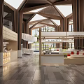 Spacious Shopping Mall Lobby Featuring Wooden Structure Skylights Seating Areas And Counters