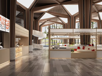 Spacious Shopping Mall Lobby Featuring Wooden Structure Skylights Seating Areas And Counters 3d model