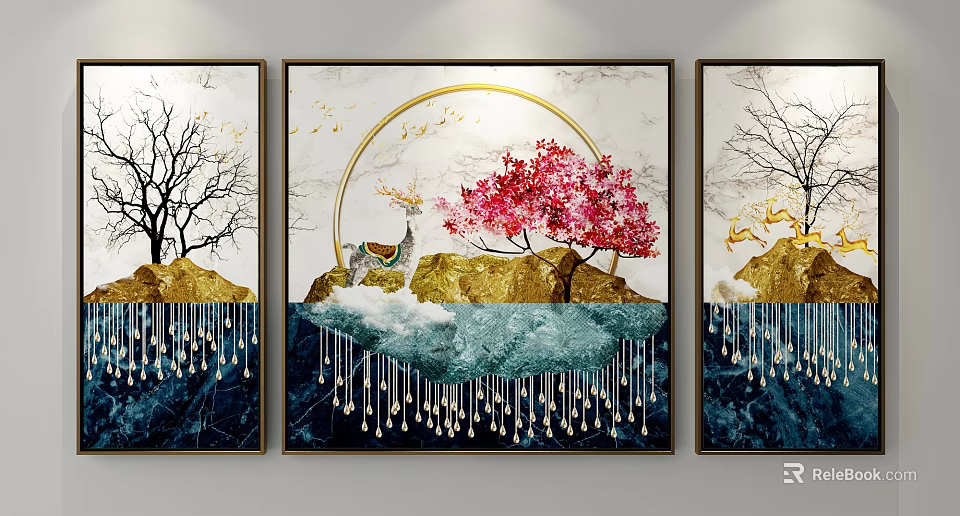 Three Panel Landscape Paintings With Golden Halo Red Cherry Blossom Mountains Clouds And Dripping Accents 3d model 