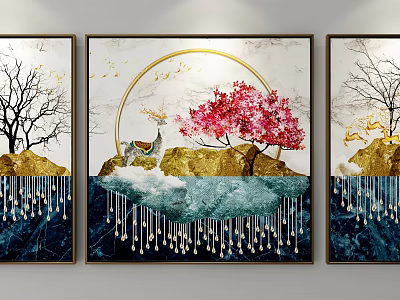 Three Panel Landscape Paintings With Golden Halo Red Cherry Blossom Mountains Clouds And Dripping Accents 3d model