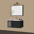 Gray Bathroom Vanity With White Countertop Gold Faucet Vase With Plant And Gold Framed Mirror