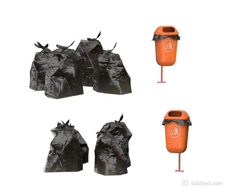 Public Waste Management Facilities With Black Garbage Bags And Orange Trash Bins 3d model 