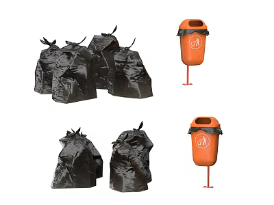 Public Waste Management Facilities With Black Garbage Bags And Orange Trash Bins 3d model