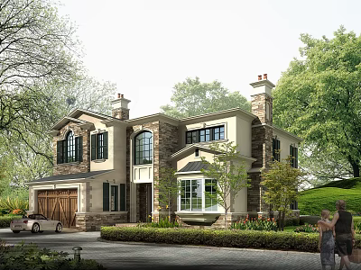 Classic Detached Villa With Lush Green Surroundings Driveway Garage And Stone Exterior 3d model