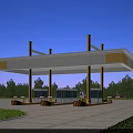 Modern Gas Station Canopy With Yellow Pillars Fuel Pumps And Green Trees