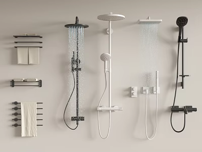 Various Shower Head Designs Including Handheld Overhead and Matching Towel Racks 3d model