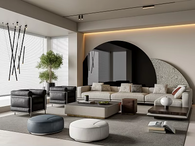 Modern Living Room Interior Design With Sofa Black Armchairs Arched Mirror and Stools 3d model