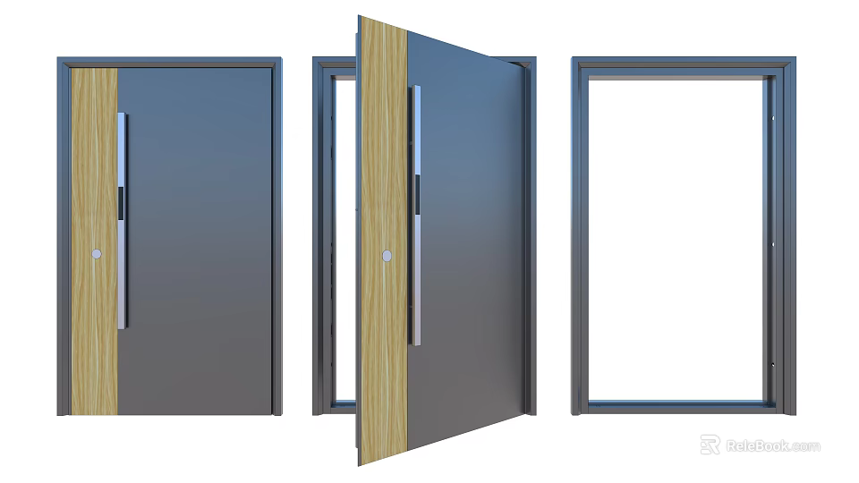 Gray Front Door With Wooden Trim Metal Handle Closed Half Open And Frame 3d model 