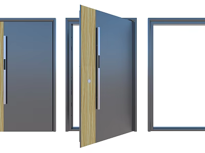 Gray Front Door With Wooden Trim Metal Handle Closed Half Open And Frame 3d model