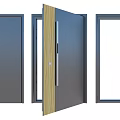 Gray Front Door With Wooden Trim Metal Handle Closed Half Open And Frame