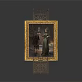 Decorative Golden Frame With Two Figures Inside Ornate Top Structure And Base Featuring Geometric Pattern