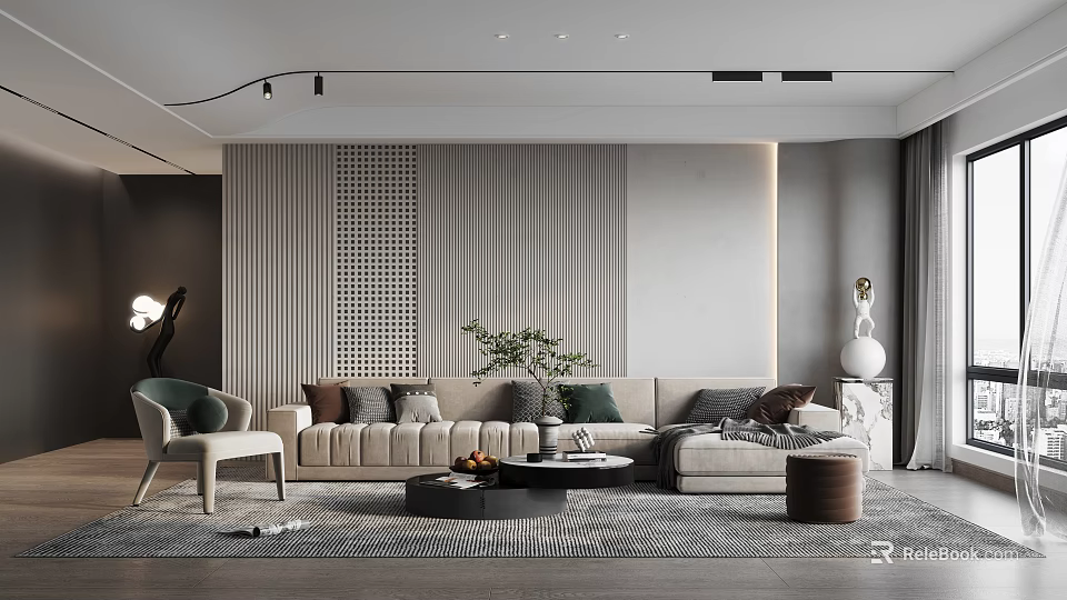 Modern Elegant Living Room Interior With Beige Sofa Gray Rug Green Plant And Geometric Wall 3d model 