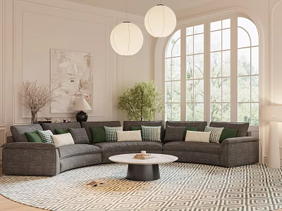 Modern Living Room Interior With Gray L shaped Sofa Round Coffee Table And Geometric Rug 3d model