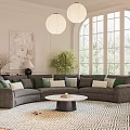 Modern Living Room Interior With Gray L shaped Sofa Round Coffee Table And Geometric Rug