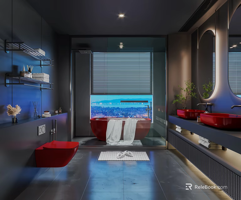 Modern Luxury Dark Tone Bathroom Interior With Striking Red Fixtures And Scenic City Night View 3d model 