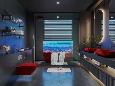 Modern Luxury Dark Tone Bathroom Interior With Striking Red Fixtures And Scenic City Night View 3d model