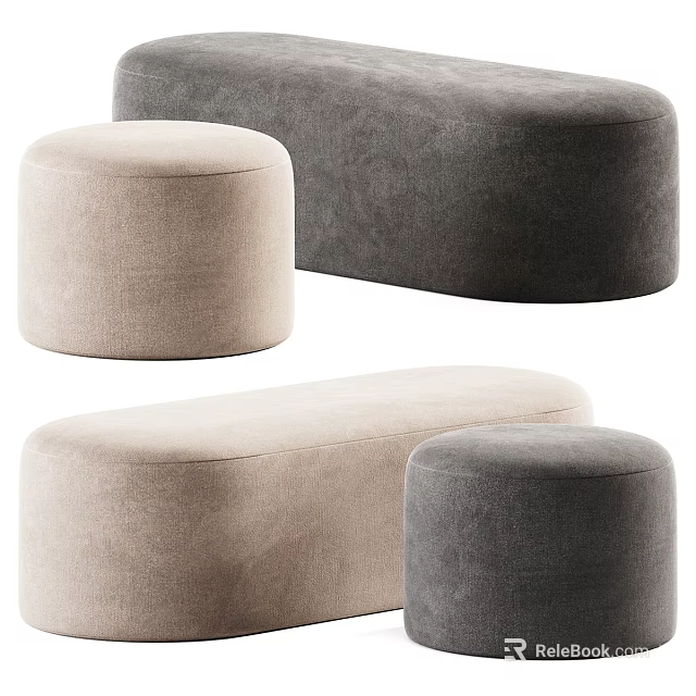Modern Round And Rectangular Gray Beige Velvet Ottoman Footstool For Living Room Decor 3d model 