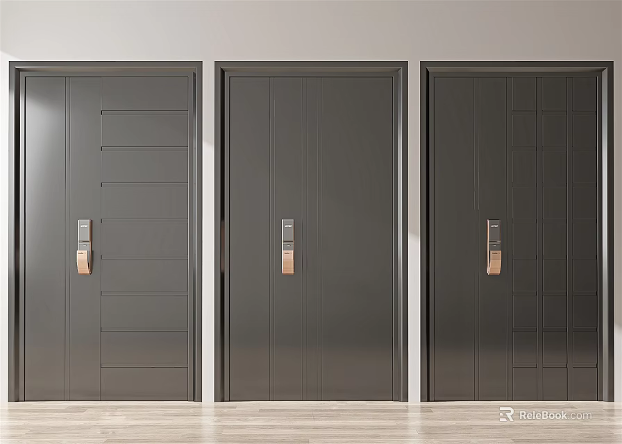 Three Dark Gray Security Doors With Various Panel Designs Copper Handles Light Wall Wooden Floor 3d model 