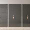 Three Dark Gray Security Doors With Various Panel Designs Copper Handles Light Wall Wooden Floor