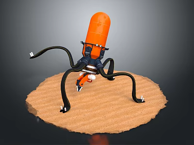 Orange Mechanical Robot With Octopus Like Tentacles Standing On Sandy Surface 3d model