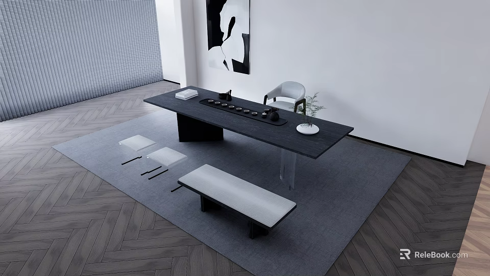 Modern Tea Room Interior Design With Wooden Table Tea Set Bench And Carpet 3d model 
