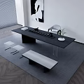 Modern Tea Room Interior Design With Wooden Table Tea Set Bench And Carpet