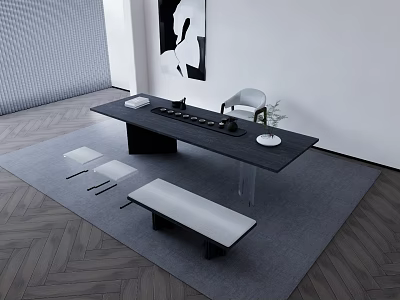 Modern Tea Room Interior Design With Wooden Table Tea Set Bench And Carpet 3d model