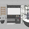 Modern Bathroom Interior Design With Floral Wallpaper Tiles Bathtub Vanity And Washing Machine