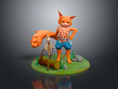 3D Orange Fox Game Character With Blue Shorts Green Base And Wood Log Skeleton Stones 3d model