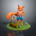 3D Orange Fox Game Character With Blue Shorts Green Base And Wood Log Skeleton Stones