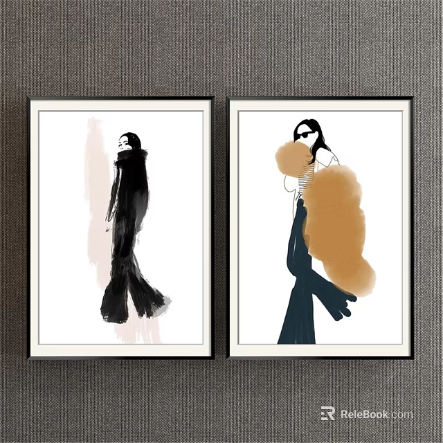 Minimalist Female Figure Portrait Paintings With White Background Black Orange Clothing Framed On Gray Wall 3d model 