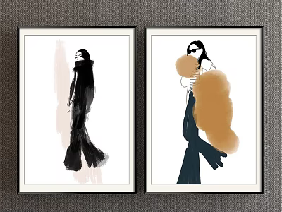 Minimalist Female Figure Portrait Paintings With White Background Black Orange Clothing Framed On Gray Wall 3d model