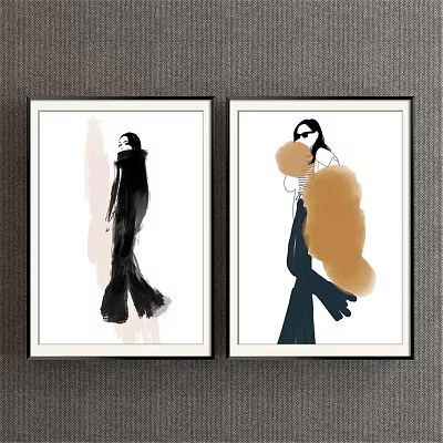 Minimalist Female Figure Portrait Paintings With White Background Black Orange Clothing Framed On Gray Wall 3d model