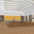 Spacious Indoor Basketball Court With Wooden Flooring Skylights And People Playing