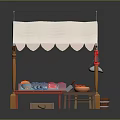 Wooden Market Stall With White Awning Colorful Fabrics Orange Fruits And Wooden Bucket