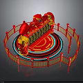 Vibrant Red Yellow Carousel With Decorative Horses Circular Railing And Colorful Rings