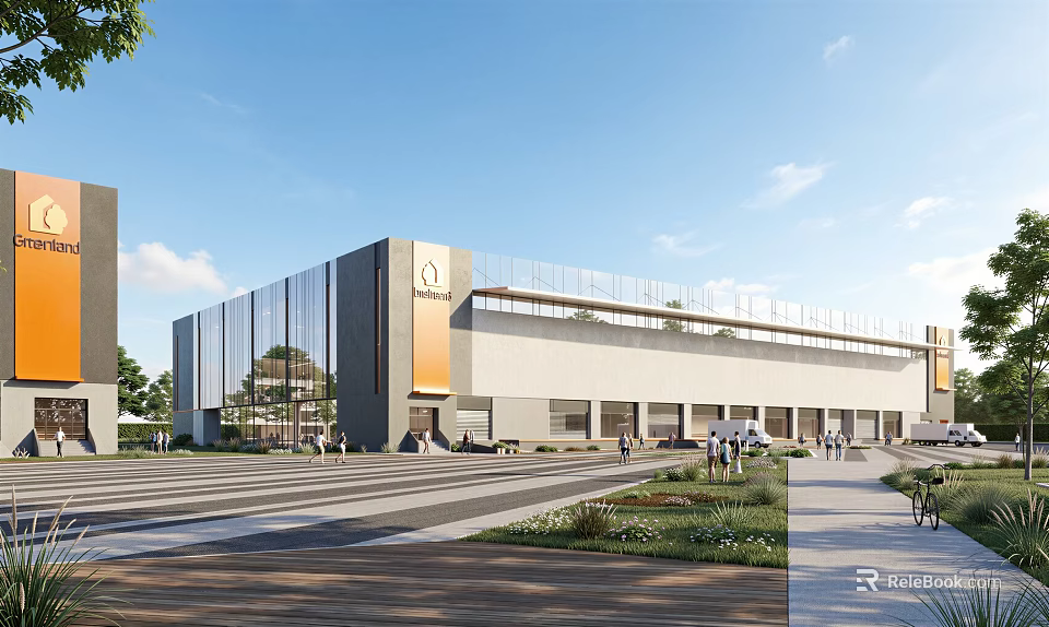 Modern Industrial Factory Building With Glass Curtain Wall Gray Orange Exterior And Landscaped Sidewalk 3d model 