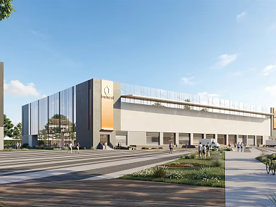 Modern Industrial Factory Building With Glass Curtain Wall Gray Orange Exterior And Landscaped Sidewalk 3d model