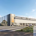 Modern Industrial Factory Building With Glass Curtain Wall Gray Orange Exterior And Landscaped Sidewalk