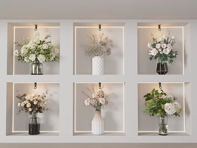 White Wall Niches With Various Vases And White Pink Green Flowers Decorative 3d model