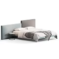 Modern Double Bed with Upholstered Headboard White Sheets Plaid Blanket Gray Comforter and Side Table 3d model