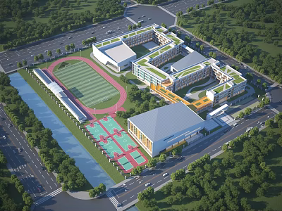 Modern School Building Complex With Sports Field Running Track Basketball Courts And Green Trees 3d model