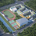 Modern School Building Complex With Sports Field Running Track Basketball Courts And Green Trees