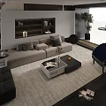Modern Gray Sofa And Coffee Table In Living Room With Bookshelf Floor Lamp And Green Plant