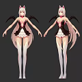 Anime Style Game Character With Pink Cat Ears Black Wings And White Long Hair