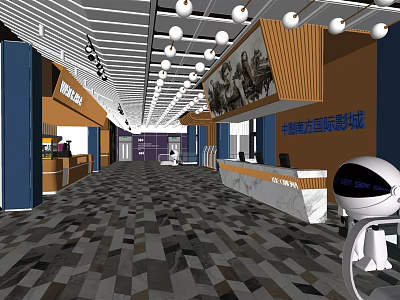 Modern Cinema Lobby With Reception Desk Robot And Contemporary Lighting Floor Design 3d model