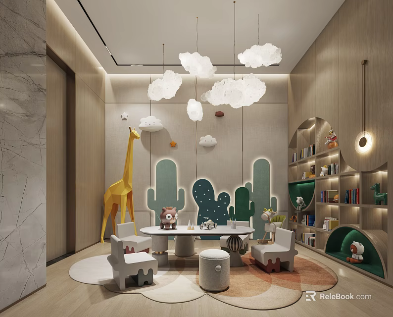 Kids Playroom with Cloud Pendant Lights Giraffe Plush Toy Cactus Decorations and Upholstered Seats 3d model 
