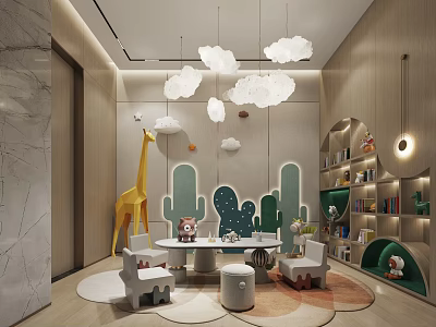 Kids Playroom with Cloud Pendant Lights Giraffe Plush Toy Cactus Decorations and Upholstered Seats 3d model
